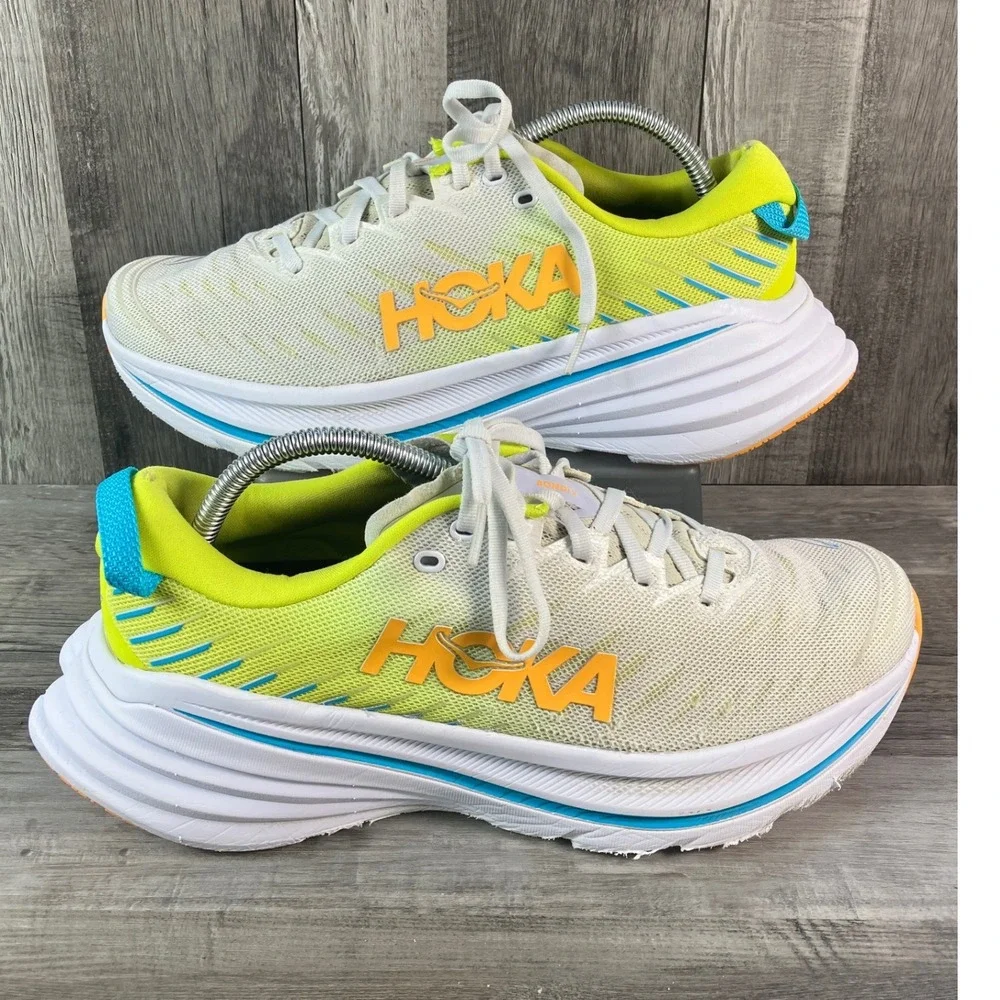 Hoka Bondi X Mens 9 White Evening Primrose Carbon Plate Running Shoes 1113512